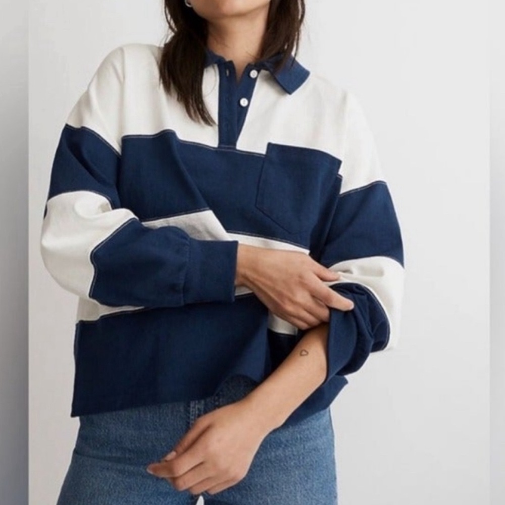 Madewell Navy Striped Varsity Long Sleeve Shirt, Size Medium